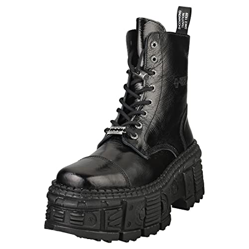 NEW ROCK Damen Stiefel TANK Sohle schwarz Lackleder Woman Black Boots M.WALL126-S2, Schwarz , 40 EU von New Rock