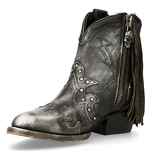 NEWROCK WSTM003-S1 Damen Fransen Schwarz 100% Leder Reißverschluss Western Stiefeletten Goth Punk Cowgirl Rock Biker Fashion Stiefel 37 von New Rock