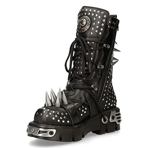 New Rock 1535-S1 Schwarzes Leder Militärstiefel Metallspitzen Schnallen Punk EMO - schwarz 44 von New Rock