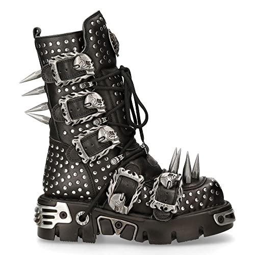 New Rock 1535-S1 Schwarzes Leder Militärstiefel Metallspitzen Schnallen Punk Emo - schwarz 37 von New Rock