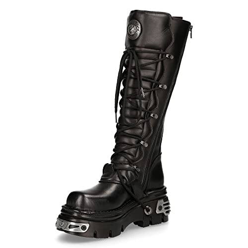 New Rock 272-S1 Gothic Emo Kniehohe Stiefel Aus Schwarzem Leder Mit Spitze und Schnallenverschluss 42 von New Rock