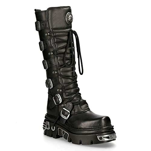 New Rock 272-S1 Gothic Emo Kniehohe Stiefel Aus Schwarzem Leder Mit Spitze und Schnallenverschluss 43 von New Rock