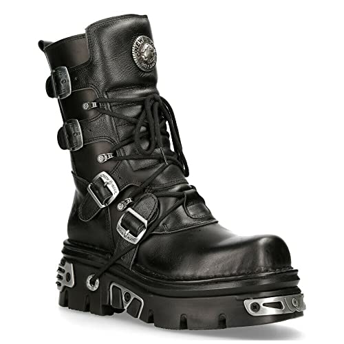 New Rock 373-S4 Metallic Schwarz Leder Gothic Mittlere Wade Punk Gotisch Stiefel mit Schnürung und Schnallenverschluss 43 von New Rock