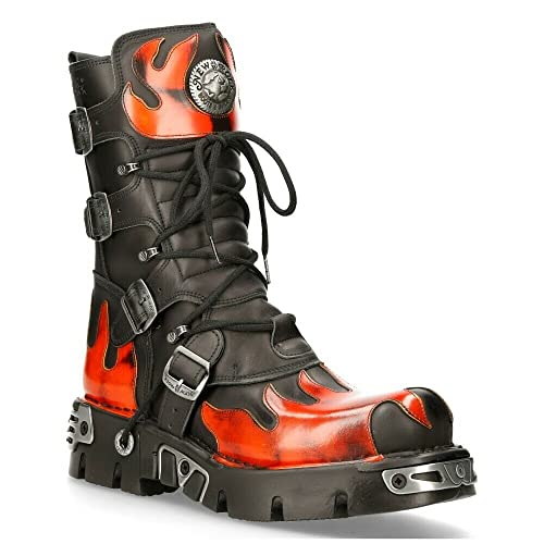 New Rock 591-S1 Stiefel Rotes Flammen Metallisches Schwarzes Leder Gote Punk Biker Fashion 44 von New Rock