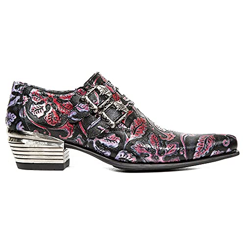 New Rock 7960-S6 Geprägte Vintage Schuhe mit Stahlabsatz in Schwarz, Rot und Lila mit Lederschnalle 44 von New Rock