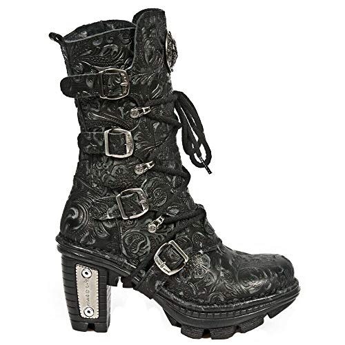 New Rock Boots NEOTR005-S25 Vintage Blumen Schwarz Gothic Rock Punk Damen Ledermode Wadenstiefel 38 von New Rock