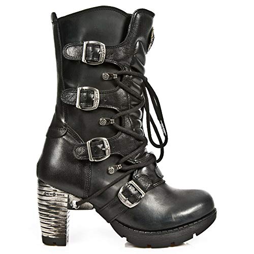 New Rock Boots TR003-S1 Damen Metallic Schwarzes Leder Biker Hacke Gote Punk Schuhe Knöchel Mode Stiefel 38 von New Rock