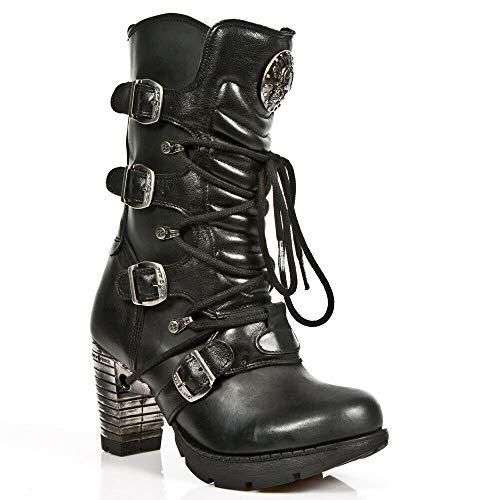New Rock Boots TR003-S1 Damenstiefel Metalisch Schwarz Echtleder Biker Punk Design Boots von New Rock