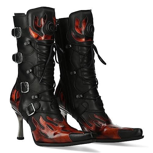 New Rock M.9591-S4 Damenstiefel Kollektion Malicia/Pulik Feuer, Stahlabsätze, Reißverschluss, Schwarz, echtes Leder, Schwarz , 38 EU von New Rock