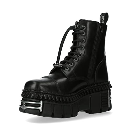 New Rock M.WALL083CCT-S9 Unisex-Stiefel mit Beschlägen und Schnürsenkeln, Schwarz, Leder, Schwarz, Schwarz , 44 EU von New Rock