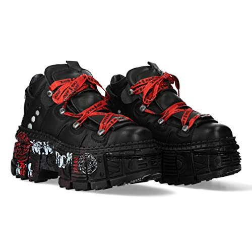New Rock M.WALL106-C9 Unisex-Stiefel mit roten Schnürsenkeln und grafischen Details, Schwarz, Leder, Unisex, Schwarz, Schwarz , 37 EU von New Rock