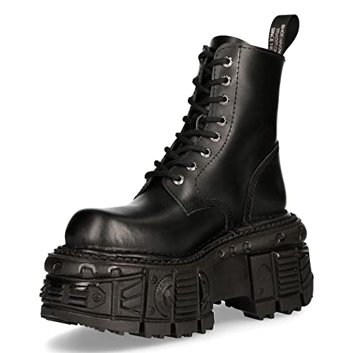 New Rock Stiefel M-MILI084N-S5 Unisex Metallic Schwarz 100% Leder Techno Plateau Schnürsenkel Befestigung 39 von New Rock