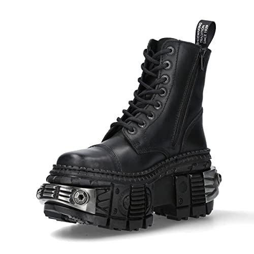 New Rock Stiefel WALL083C-S4 Unisex gotisch Plateaustiefel aus Schwarzem Leder in Metallisch Optik 43 von New Rock