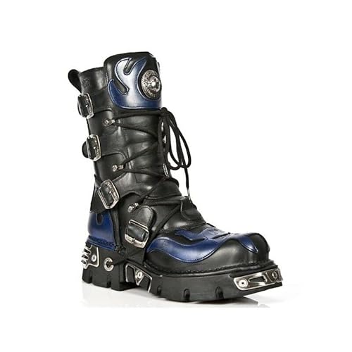 New Rock Unisex 107-C5 Schwarz Blau Metallisch Schädel Teufel Gote Punk Leder Wadenstiefel 40 von New Rock