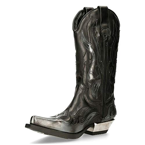 New Rock Western 7921 S3 Herren Western Cowboystiefel Schwarz Silber Flamme mit Reißverschluss 42 von New Rock