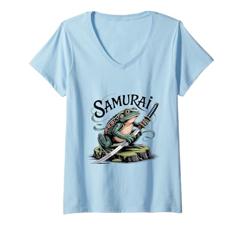 Damen Lustige Frösche Bilder Neuer Samurai Lustiger japanischer Froschsamurai T-Shirt mit V-Ausschnitt von New Samurai Funny Japanese Frog Samurai Shirt