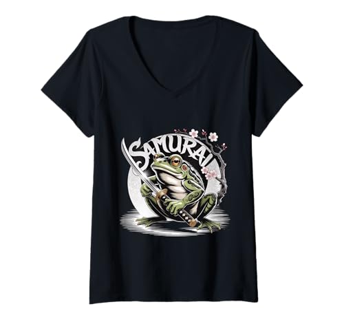 Damen Lustige Frösche Bilder Neuer Samurai Lustiger japanischer Froschsamurai T-Shirt mit V-Ausschnitt von New Samurai Funny Japanese Frog Samurai Shirt