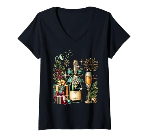 Damen Neujahrs-Champagner-Feier 2026 T-Shirt mit V-Ausschnitt Damen Neujahrs-Champagner-Feier 2026 T-Shirt mit V-Ausschnitt von New Year Collection