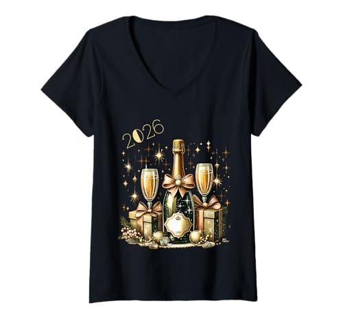Damen Neujahrs-Champagner-Feier 2026 T-Shirt mit V-Ausschnitt Damen Neujahrs-Champagner-Feier 2026 T-Shirt mit V-Ausschnitt von New Year Collection