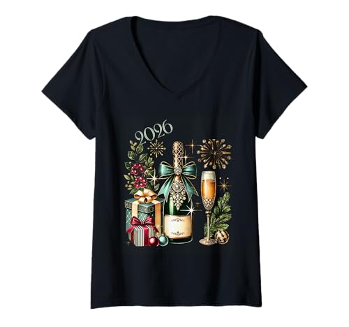 Damen Neujahrs-Champagner-Feier 2026 T-Shirt mit V-Ausschnitt Damen Neujahrs-Champagner-Feier 2026 T-Shirt mit V-Ausschnitt von New Year Collection