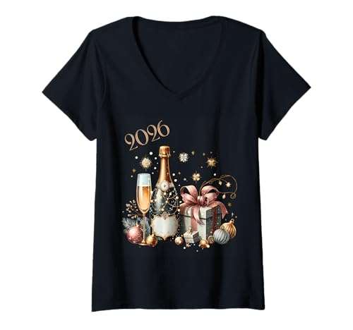 Damen Neujahrs-Champagner-Feier 2026 T-Shirt mit V-Ausschnitt Damen Neujahrs-Champagner-Feier 2026 T-Shirt mit V-Ausschnitt von New Year Collection