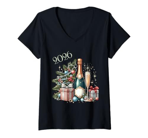 Damen Neujahrs-Champagner-Feier 2026 T-Shirt mit V-Ausschnitt Damen Neujahrs-Champagner-Feier 2026 T-Shirt mit V-Ausschnitt von New Year Collection
