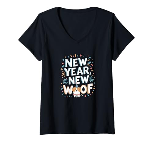Damen New Year New Woof 2026 Funny Dog Herren Kinder Damen T-Shirt mit V-Ausschnitt Damen New Year New Woof 2026 Funny Dog Herren Kinder Damen T-Shirt mit V-Ausschnitt von New Year New Woof 2026 Funny Dog