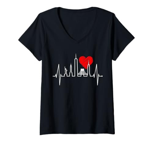 Damen New York Skyline Herzschlag Freiheitsstatue NYC USA New York T-Shirt mit V-Ausschnitt Damen New York Skyline Herzschlag Freiheitsstatue NYC USA New York T-Shirt mit V-Ausschnitt von New York City Design & NYC Silhouette Mit Liebe