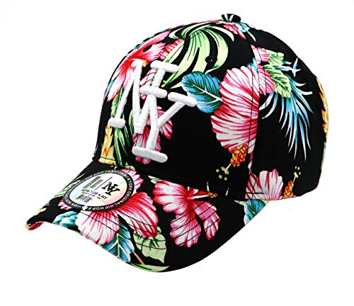NY Cap Damen Hip Hop Mode Baseball Runder Visier Schwarzes Blumendesign Verstellbare Kappe von New York Yankees