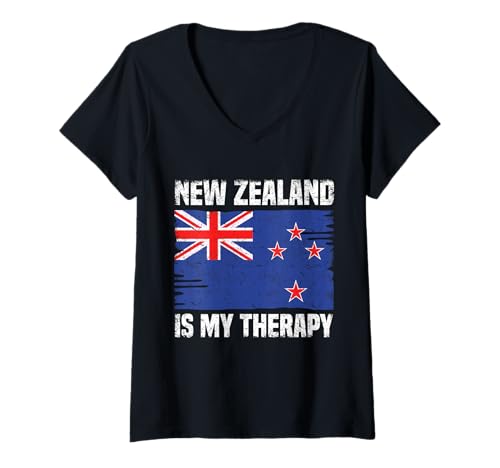 Damen Neuseeland is My Therapy Flagge Pride T-Shirt mit V-Ausschnitt von New Zealand Flag Travel