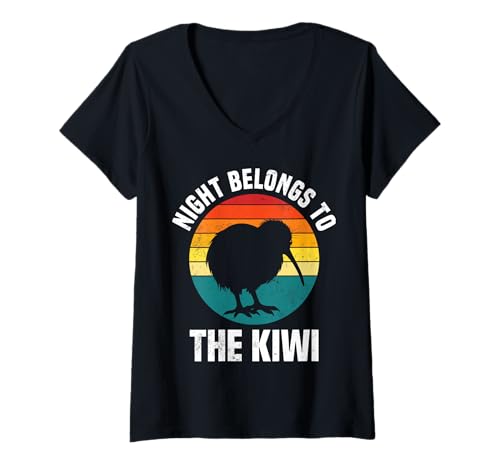 Damen Die Nacht gehört dem Kiwi Vintage Sunset Kiwi T-Shirt mit V-Ausschnitt von New Zealand Kiwi Bird Lover