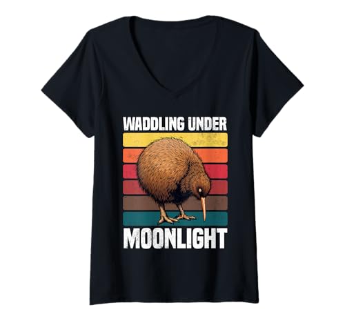 Damen Kiwi watscheln im Mondlicht Kiwi Retro Vintage T-Shirt mit V-Ausschnitt von New Zealand Kiwi Bird Lover