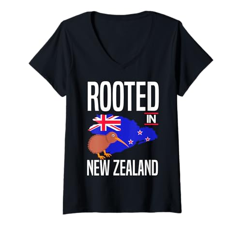 Damen Verwurzelt in neuseeländischen Kiwi Kiwi Pride Wurzeln T-Shirt mit V-Ausschnitt von New Zealand Kiwi Bird Lover