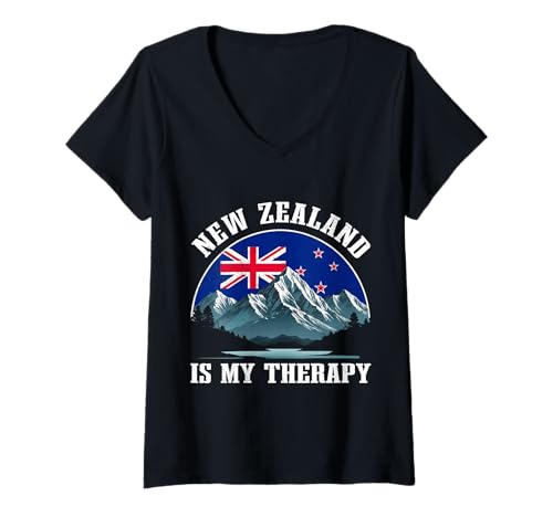 Damen Neuseeland is My Therapy Mountains Flagge Scenic Escape T-Shirt mit V-Ausschnitt von New Zealand Mountains Flag Therapy Travel