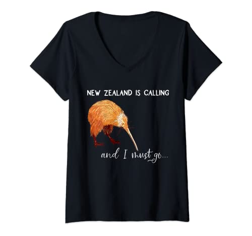 Damen New Zealand is calling, and I must go... Neuseeland Spruch T-Shirt mit V-Ausschnitt von New Zealand Neuseeland Kiwi Auckland Geschenkidee