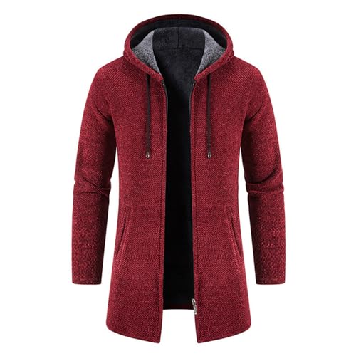 New front Baumwolle Strickjacke Winter Herrren Kapuzenjacke verdickte Jungen Hoodie mittellang Sweatshirt Gefüttert Kapuzen Sweat für Wandern Sport Zuhause Arbeit Universität, Rot, 3XL von New front
