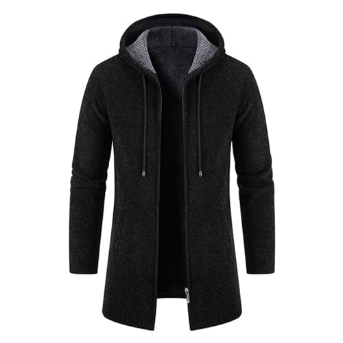 New front Baumwolle Strickjacke Winter Herrren Kapuzenjacke verdickte Jungen Hoodie mittellang Sweatshirt Gefüttert Kapuzen Sweat für Wandern Sport Zuhause Arbeit Universität, Schwarz, L von New front