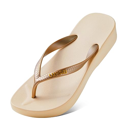 New front Damen Flip-Flops Elegant Keil Zehentrenner Strand Mode Sommer Sandalen Schräge Ferse Komfort Gummi Badezimmer Hawaii Pools Urlaub Weiß 39 von New front