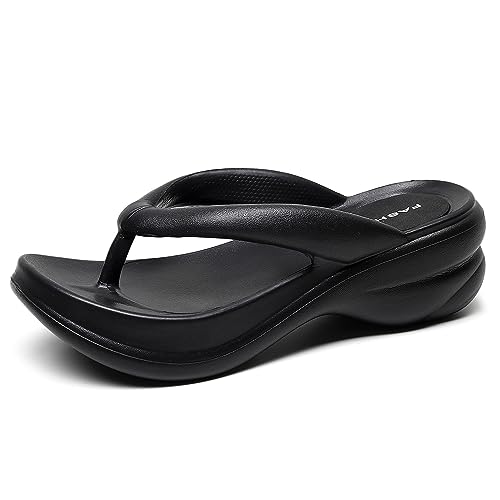New front Damenmode Flip Flops mit hohem Absatz Unterstützung des Fußgewölbes Bequemer und lässiger Stil Solide Farbe Anspruchsvoll Gehen Einkaufen Urlaub Sommer Beach Frauen Bequeme Yoga,Schwarz,40 von New front