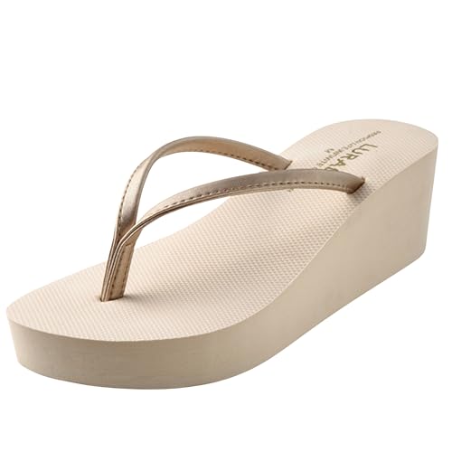New front Flip Flops Damen Sandalen Sommer Mode Damen High Heel Flip Flops Freizeit und Komfort Fußbett Frauen Slim Badelatschen Strandschuhe Yoga Mat Tanga Sandalen,Aprikose,39 von New front