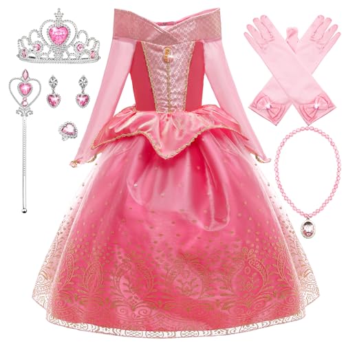 New front Kostüm Mädchen Prinzessin Aurora Kleid Dornröschen Verkleidung für Kinder Lange Ärmel Krone Zauberstab Halskette Ohrring Weihnachten Halloween Fasching,Rosa,130 von New front