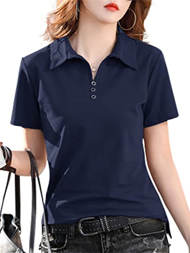 New front Poloshirts Für Damen Kurzarm Sommer-T-Shirt Classic Fit Baumwolle Bequem un Atmungsaktiv Knopf Weich Mode Alltag Outdoor Tennis Blau 3XL von New front