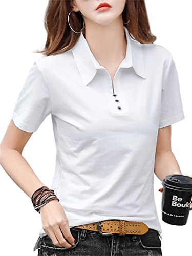 New front Poloshirts Für Damen Kurzarm Sommer-T-Shirt Classic Fit Baumwolle Bequem un Atmungsaktiv Knopf Weich Mode Alltag Outdoor Tennis Weiß M von New front