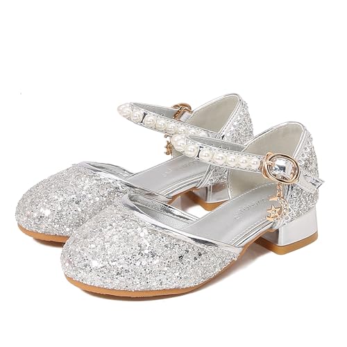 New front Sandalen für Mädchen Kristall ELSA Prinzessin Schuhe Absatz Glitzer Eiskönigin Fasching Geburtstag Kostüm Zubehör Karneval Verkleidung Aufführung Tanzball Fest Halloween Silber 37 von New front