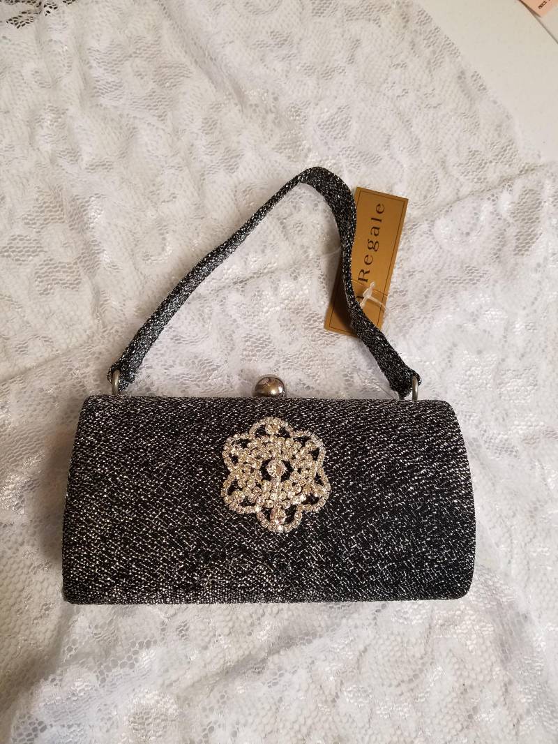 Handtasche Salz Und Pfeffer Farbe Mit Schönen Kristallen Brosche, Abend Kleine Größe Tasche Pfeffer, Alte Hollywood von NewBrideCo