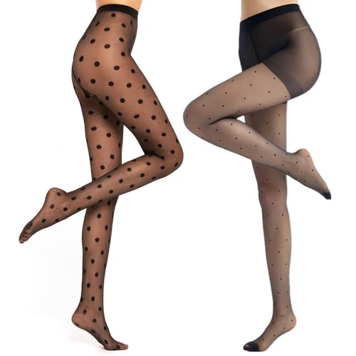 NewBull 2 Paar Sexy Strumpfhosen Damen Muster Transparent Tull Strümpfe mit Punkten Elastizität Hohe Taille Frauen Strumpfhose Schwarz Polka Dots Strumphose Feine Linien Pantyhose von NewBull