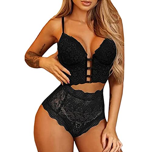 NewBull Damen-Dessous-Set mit BHs und Spitzenhöschen, Unterwäsche, Push-Up-BH, Minirock mit Frecher Bandage, transparent, 2 Stück, Schwarz , One size von NewBull