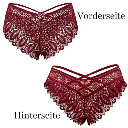 NewBull Damen Panty für Sexy mit Spitze Unterwäsche Lace Unterhose Frauen Schlüpfer Spitzen-Blume Hollow Out Slips Atmungsaktiv Lingerie (DE/NL/SE/PL, Alphanumerisch, M, Regular, Regular, Weinrot) von NewBull