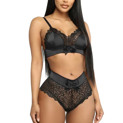 NewBull Damen Sexy Spitze Dessous Set Nachtwäsche Zweiteilig Durchsichtig Blumen Schleife Sling BH und Sexy Slips (Schwarz, M) von NewBull