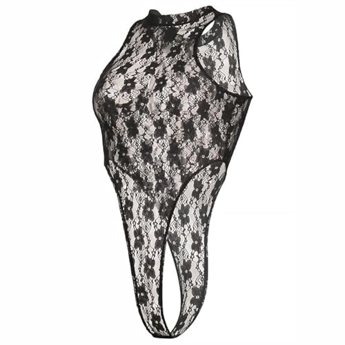NewBull Damen Spitze Body Blumen Spitzen Transparenter Bodysuit Verführerischer Damen Bodysuit mit V-Ausschnitt Offen Schritt Erotische Spitzen Lingerie (Groß-Übergröße, Schwarz, Einheitsgröße) von NewBull